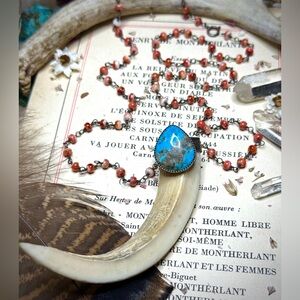 Artisan Coral Beaded Sterling Turquoise Stone Wild Boar Tusk Pendant Necklace